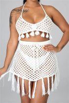 White Fashion Sexy Solid Tassel Bandage Hollowed Out Backless Swimwears (Without Paddings)