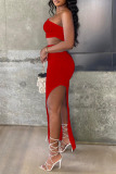 Red Sexy Solid Patchwork Slit Oblique Collar Sleeveless Two Pieces