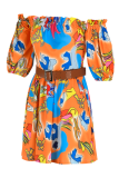 Tangerine Red Casual Print Patchwork Off the Shoulder Cake Skirt Dresses