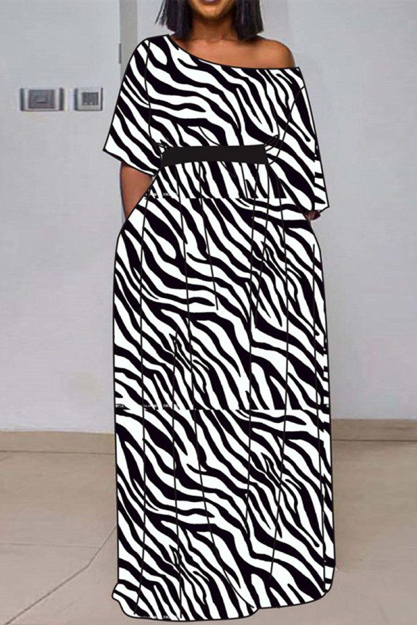 Black White Fashion Casual Print Zebra Print With Belt Oblique Collar Short Sleeve Dress