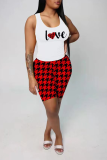 Red Casual Print Patchwork Letter U Neck Sleeveless Two Pieces