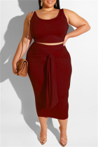 Burgundy Sexy Casual Solid Bandage O Neck Plus Size Two Pieces