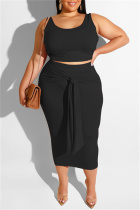 Black Sexy Casual Solid Bandage O Neck Plus Size Two Pieces