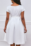 White Fashion Casual Solid With Belt V Neck Short Sleeve Dress