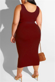 Burgundy Sexy Casual Solid Bandage O Neck Plus Size Two Pieces