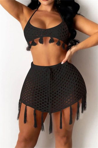 Black Fashion Sexy Solid Tassel Bandage Hollowed Out Backless Swimwears (Without Paddings)