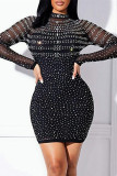 Apricot Fashion Sexy Patchwork Hot Drilling See-through Half A Turtleneck Long Sleeve Dresses