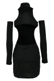 Black Fashion Sexy Solid Hollowed Out Patchwork Backless Turtleneck Long Sleeve Dresses