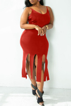 Red Sexy Casual Plus Size Solid Tassel Backless Spaghetti Strap Sleeveless Dress