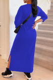 Blue Fashion Casual Print Slit O Neck Irregular Dress