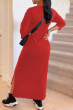 Red Fashion Casual Print Slit O Neck Irregular Dress