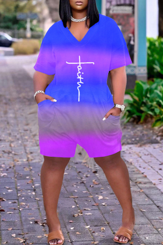 Blue Fashion Casual Print Basic V Neck Short Sleeve Regular Romper