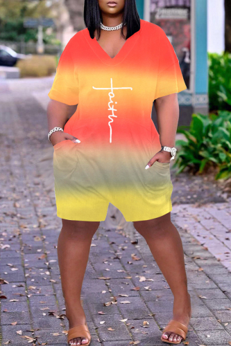 Orange Fashion Casual Print Basic V Neck Short Sleeve Regular Romper