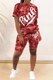 Red Fashion Casual Letter Camouflage Print Basic O Neck Short Sleeve Two Pieces