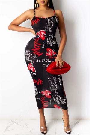 Black Fashion Sexy Print Backless Spaghetti Strap One Step Dresses