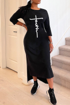 Black Fashion Casual Print Slit O Neck Irregular Dress
