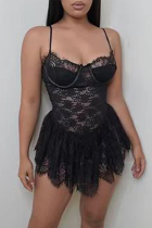 Black Fashion Sexy Solid See-through Backless Spaghetti Strap Sleeveless Dress