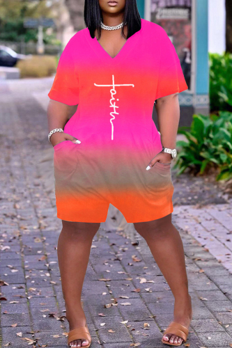 Pink Fashion Casual Print Basic V Neck Short Sleeve Regular Romper