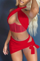 Red Sexy Solid Bandage Hollowed Out Patchwork Backless Halter Sleeveless Two Pieces