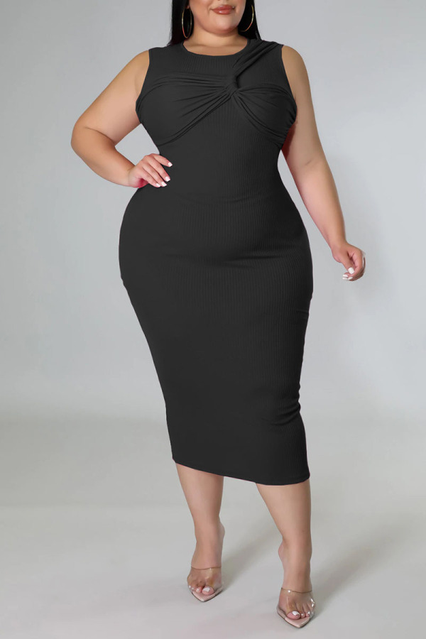 Black Casual Solid Patchwork Knotted O Neck One Step Skirt Plus Size Dresses