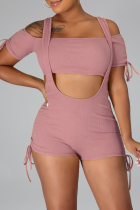 Pink Sexy Solid Split Joint Spaghetti Strap Short Sleeve Two Pieces