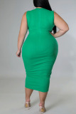 Green Casual Solid Patchwork Knotted O Neck One Step Skirt Plus Size Dresses
