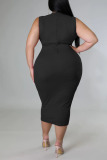 Black Casual Solid Patchwork Knotted O Neck One Step Skirt Plus Size Dresses