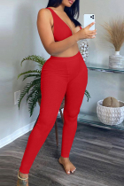 Red Fashion Casual Solid Vests Pants V Neck Sleeveless Two Pieces