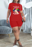 Red Fashion Casual Print Bandage Asymmetrical O Neck Short Sleeve Two Pieces