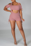 Pink Sexy Solid Patchwork Spaghetti Strap Short Sleeve Two Pieces