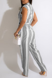 Purple Casual Striped Print Patchwork Buckle With Belt Straight Jumpsuits