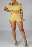 Yellow Sexy Solid Patchwork Spaghetti Strap Short Sleeve Two Pieces