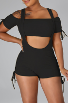 Black Sexy Solid Patchwork Spaghetti Strap Short Sleeve Two Pieces