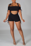 Black Sexy Solid Patchwork Spaghetti Strap Short Sleeve Two Pieces