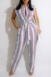 Grey Casual Striped Print Patchwork Buckle With Belt Straight Jumpsuits