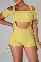 Yellow Sexy Solid Split Joint Spaghetti Strap Short Sleeve Two Pieces