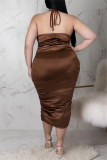 Coffee Fashion Sexy Solid Backless Fold Halter Sling Dress Plus Size Dresses