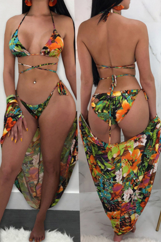 Green Sexy Printed Two-piece Swimwears(With CoverUp)