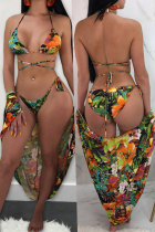 Green Sexy Printed Two-piece Swimwears(With CoverUp)