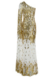 Gold Sexy Embroidered Sequins Patchwork Oblique Collar Dresses