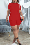 Red Fashion Casual Solid Bandage O Neck Short Sleeve Two Pieces