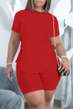 Black Fashion Casual Solid Bandage O Neck Short Sleeve Two Pieces