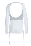 White Sexy Solid See-through Backless Asymmetrical V Neck Long Sleeve Two Pieces