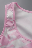 Pink Sexy Plaid Print Patchwork Buckle U Neck Pencil Skirt Dresses