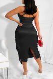 Black Sexy Solid Tassel Hollowed Out Patchwork Asymmetrical Halter One Step Skirt Dresses