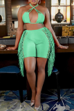 Green Sexy Solid Tassel Halter Sleeveless Two Pieces
