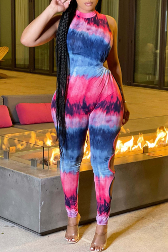 Powder Blue Fashion Sexy Print Bandage Hollowed Out Half A Turtleneck Skinny Jumpsuits