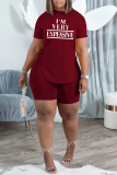Burgundy Fashion Casual Letter Print Bandage O Neck Short Sleeve Two Pieces