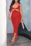 Red Sexy Solid Tassel Hollowed Out Patchwork Halter Beach Dresses