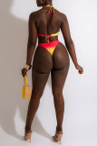 Red Yellow Sexy Print Patchwork Backless Swimwears Three Pieces